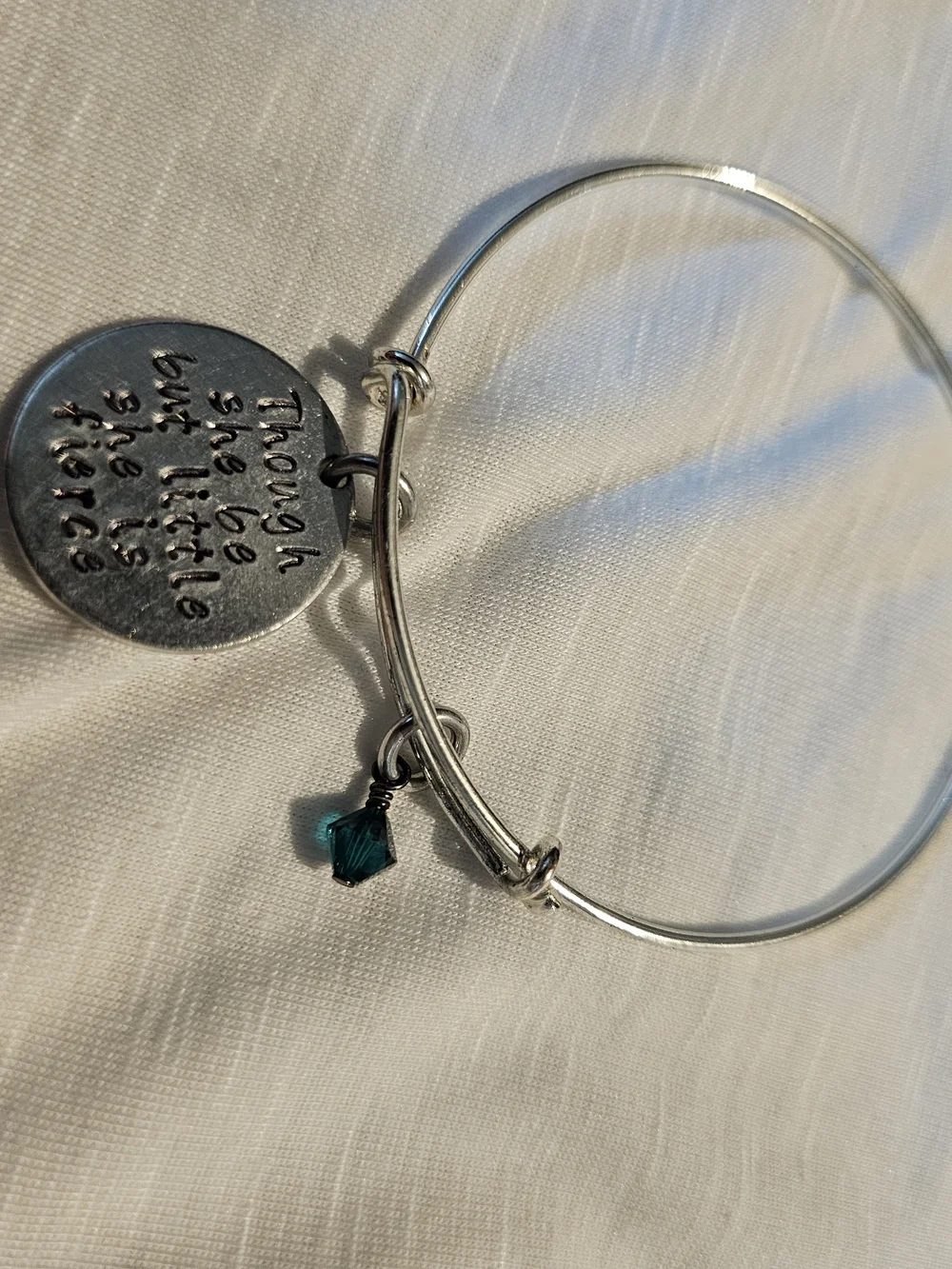 Silver Bangle Bracelet with Teal Crystal and Inspirational Disc